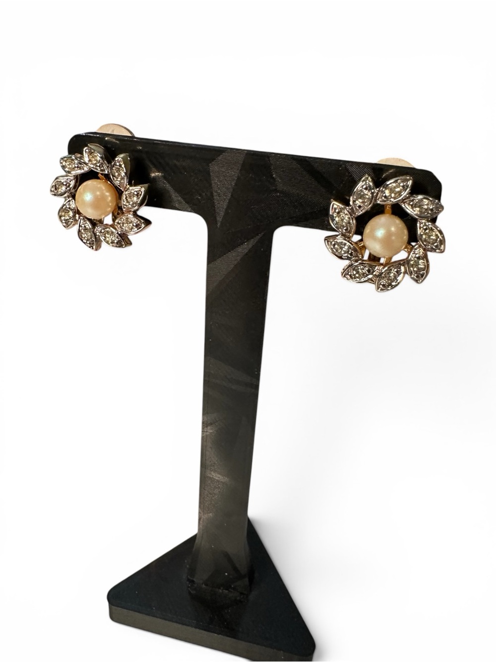 Vintage Nina Ricci Faux Pearl Rhinestone Clip-On Earrings Gold Plated